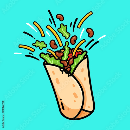 A delicious and vibrant cartoon illustration of a fully loaded burrito bursting with fresh ingredients against a bright turquoise background.
