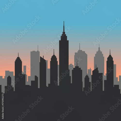 A flat vector illustration of a city skyline silhouette with numerous skyscrapers against a gradient sunset sky.