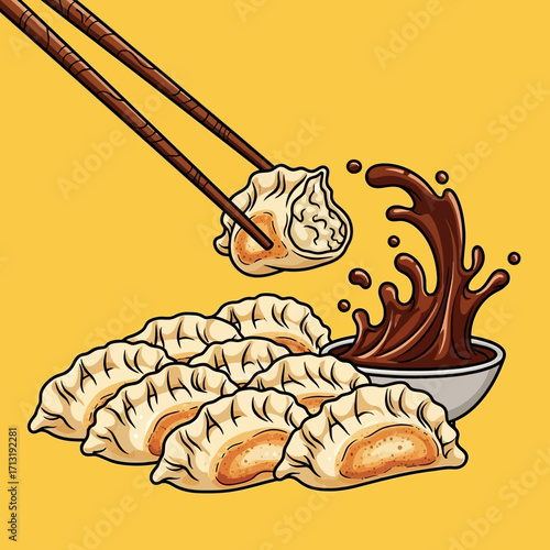 A close-up illustration of delicious dumplings being dipped into a bowl of soy sauce with chopsticks.