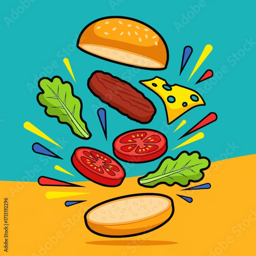 Vibrant illustration of a deconstructed burger with all its fresh ingredients like bun, patty, cheese, lettuce, and tomato floating dynamically against a colorful background.