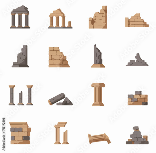 Flat Design Ancient Architectural Ruins and Fragments Icon Set. A collection of weathered temples, broken columns, and stone debris for historical and archaeological design projects.