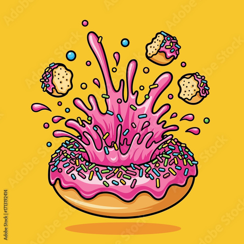 Vibrant cartoon illustration of a pink frosted donut with colorful sprinkles, featuring an explosive splash of pink glaze and floating donut pieces on a bright yellow background.