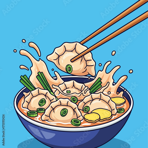 Illustration of a bowl of dumplings with chopsticks picking one up, splashing broth.