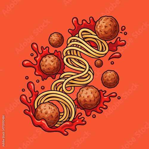 Illustration of spaghetti and meatballs with tomato sauce on orange background.