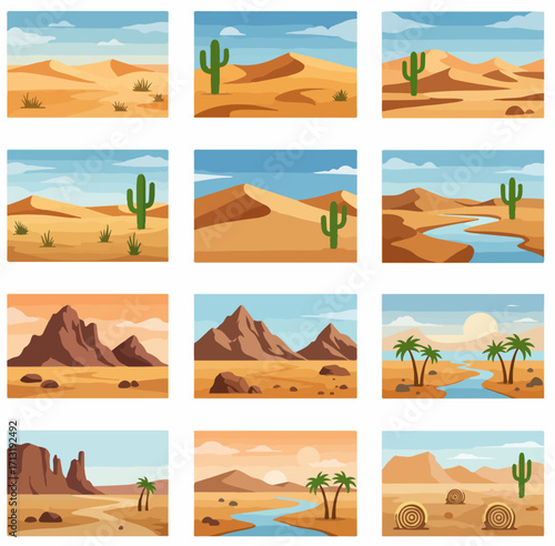 Vector illustrations of diverse desert landscapes featuring sand dunes, saguaro cacti, mountains, rivers, and palm trees under clear skies.
