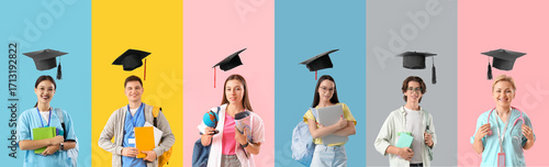 Set of students with flying...