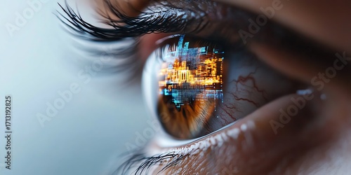 Close-up of human eye reflecting a vibrant cityscape with digital elements, symbolizing technology and innovation.