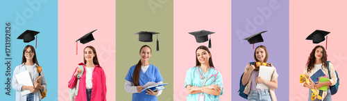 Set of students with flying graduation hats on color background