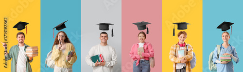 Photos Set of students with flying graduation hats on color background