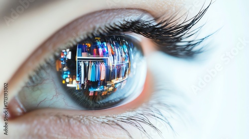 Close-up of human eye reflecting colorful scene, concept of vision and perception.