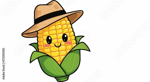 A cartoon corn cob wearing a straw hat the corn has a cute face with rosy cheeks and big eyes, and the hat is brown with a black band