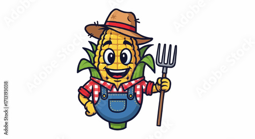A cheerful cartoon corn character, , dressed in overalls and a hat, holding a pitchfork, radiating a friendly and agricultural vibe, perfect for farmthemed designs