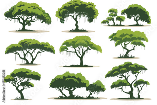 savannah trees set silhouette isolated