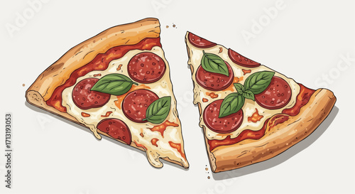 Two slices of pepperoni pizza with basil delicious italian cuisine with crusty dough, melted cheese, and savory toppings a culinary delight for pizza lovers