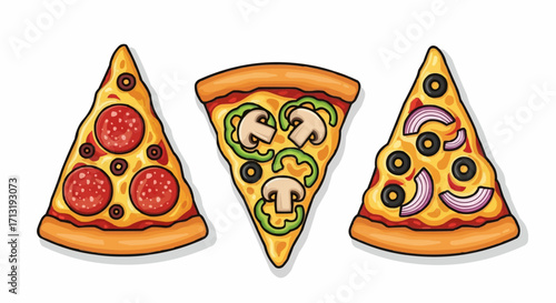 Three pizza slices with different toppings pepperoni, mushroom and pepper, and onion and olive delicious italian cuisine with crusty dough