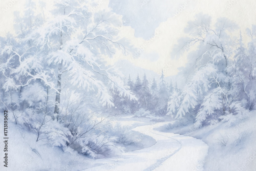 Obraz premium Winter landscape with snow-covered trees and winding river 