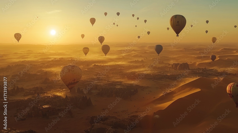 Naklejka premium Sunrise hot air balloons over desert landscape.