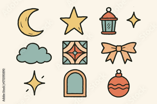 Collection of retro style celestial and decorative icons including moon stars lantern cloud and bow
