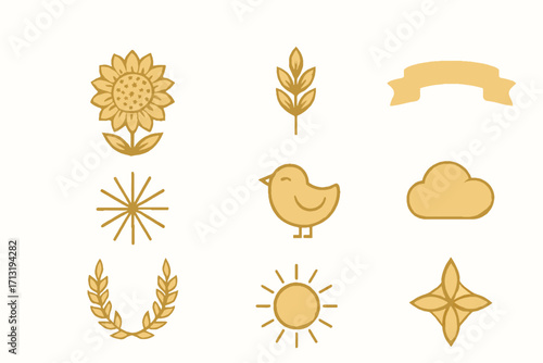 Collection of golden decorative elements featuring sunflower wheat stalks bird sun cloud and ribbon