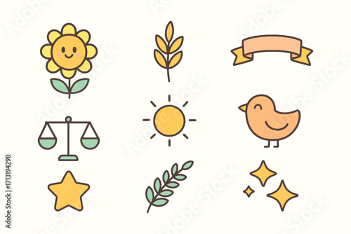 Collection of cute hand drawn doodle icons representing nature positivity and balance
