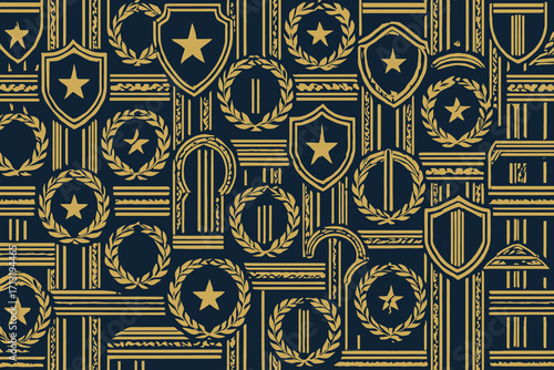 Collection of golden laurel wreaths and shields with stars on dark striped background