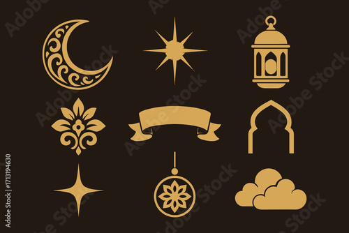 Collection of golden islamic ornaments and symbols on a dark background