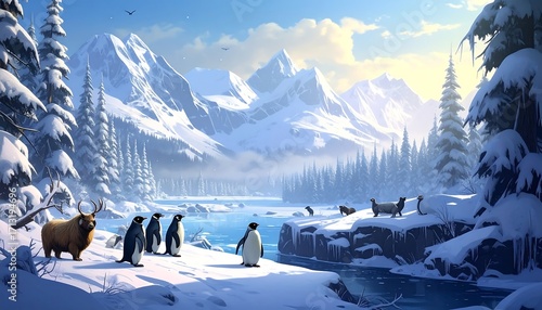 A serene winter landscape displays a snowy vista, featuring a placid river, majestic mountains, and diverse wildlife like penguins and large, furry animals.