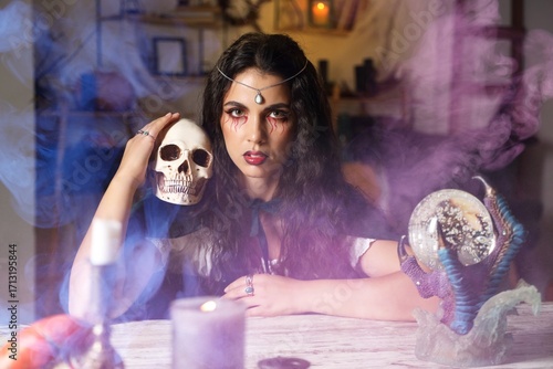 Young witch with skull and ...