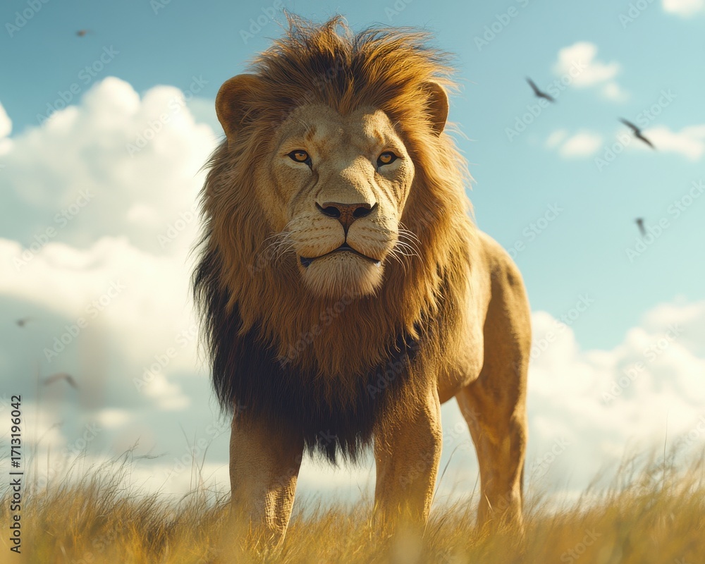 Obraz premium Majestic male lion with a majestic mane stands proudly in a golden savannah, basking under a bright blue sky.