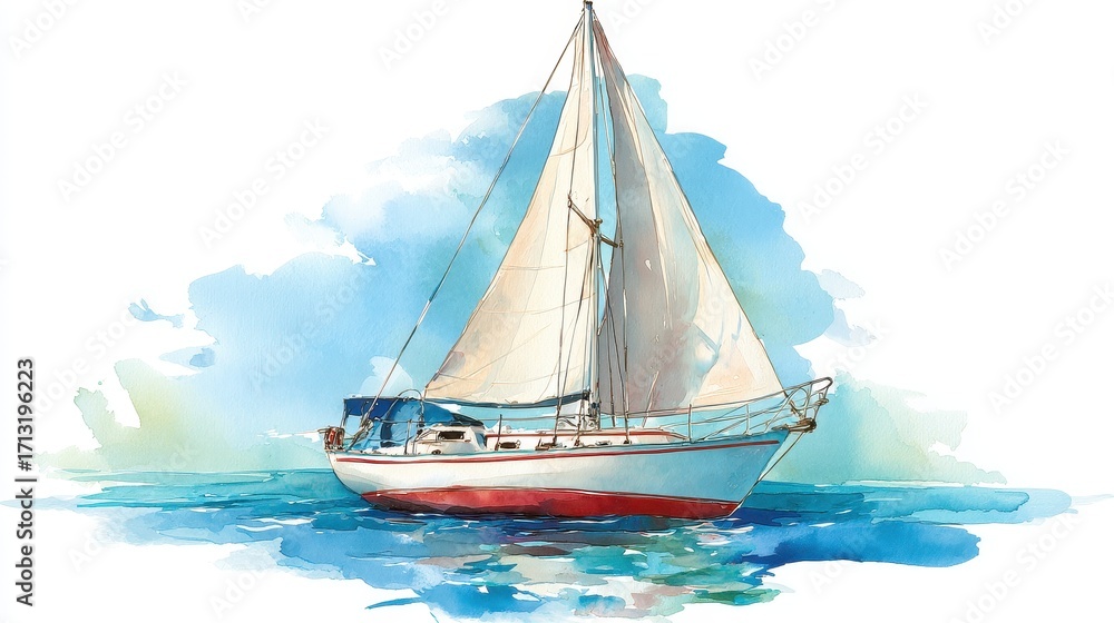 Fototapeta premium A sailboat clipart, travel element, watercolor illustration, pastel colors, isolated on white background.