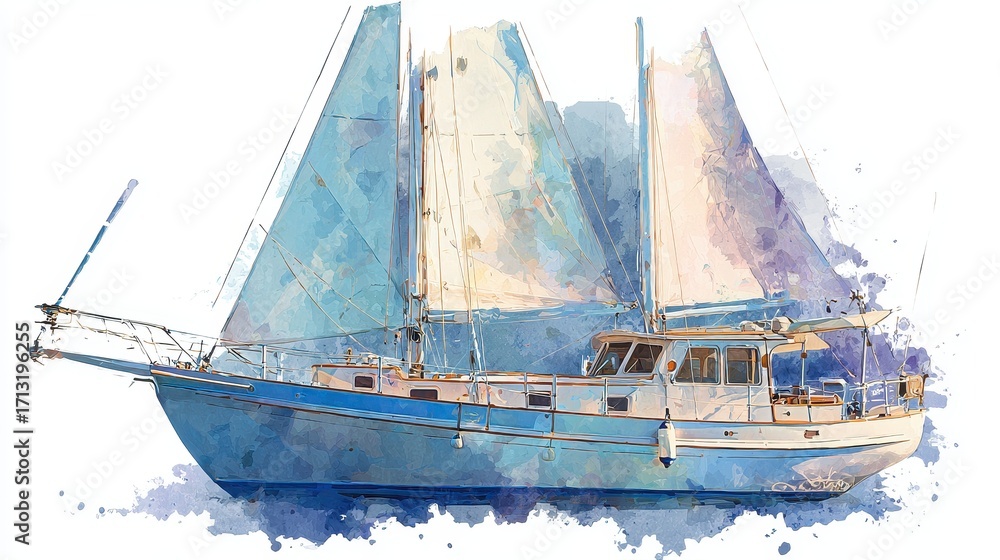 Obraz premium A sailboat clipart, travel element, watercolor illustration, pastel colors, isolated on white background.