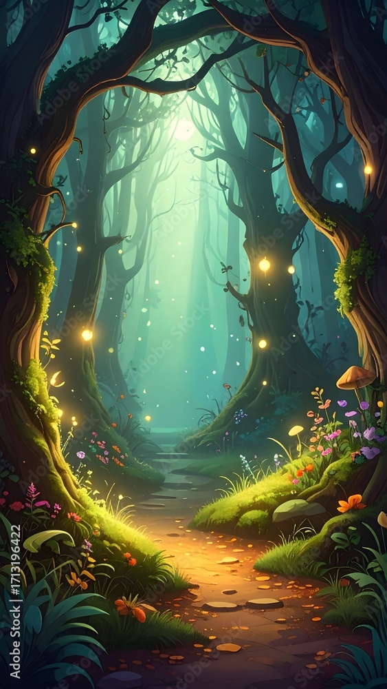 Obraz premium An illustration of a secret forest glade created with digital painting. Earthy tones, shimmering magical light, and enchanting forest greens.