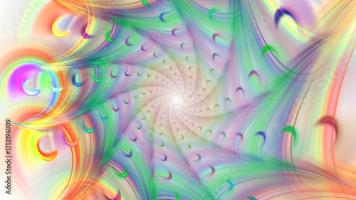 Bright curved rows of revolving fractal forms, vibes moving around center, growing, spreading, pulsating on white. Motion background of colorful round shapes having circumvolution. 4K UHD 4096x2304
