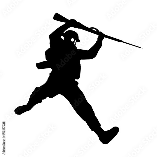 Soldier world war 2 with gas mask jumping