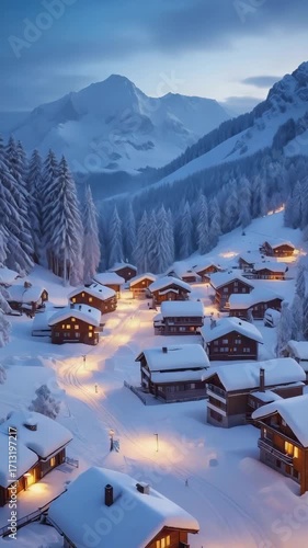 Drone flying above snowy village in mountains, glowing lights in houses, winter fairy-tale