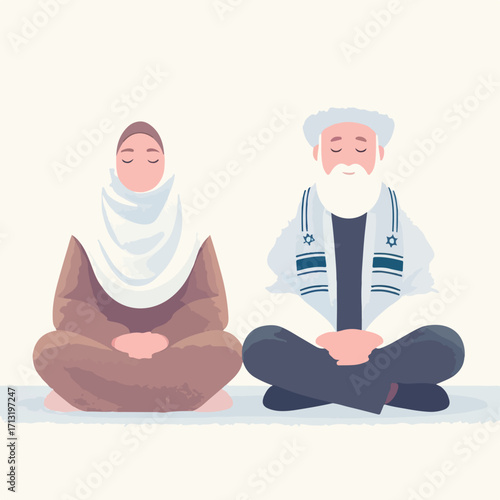 Two people of different religions sitting side by side with a simple and minimalist flat design using a white background
