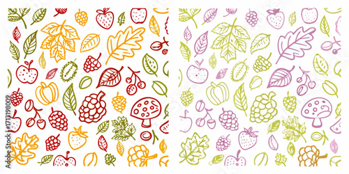 Hand drawn autumn harvest pattern with fruits leaves and vegetables in warm and cool colors