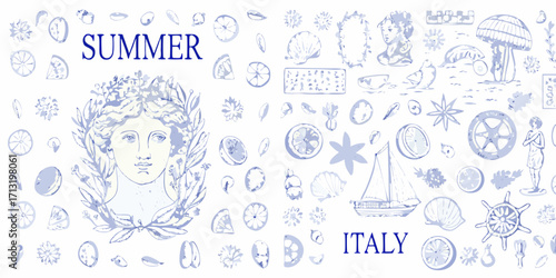Whimsical summer and italy themed collage with roman bust and nautical elements