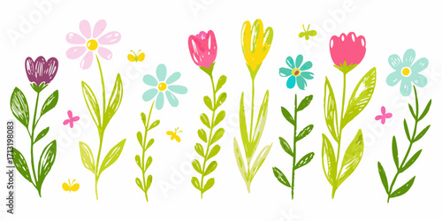 Charming hand drawn spring flowers and butterflies in a variety of bright colors