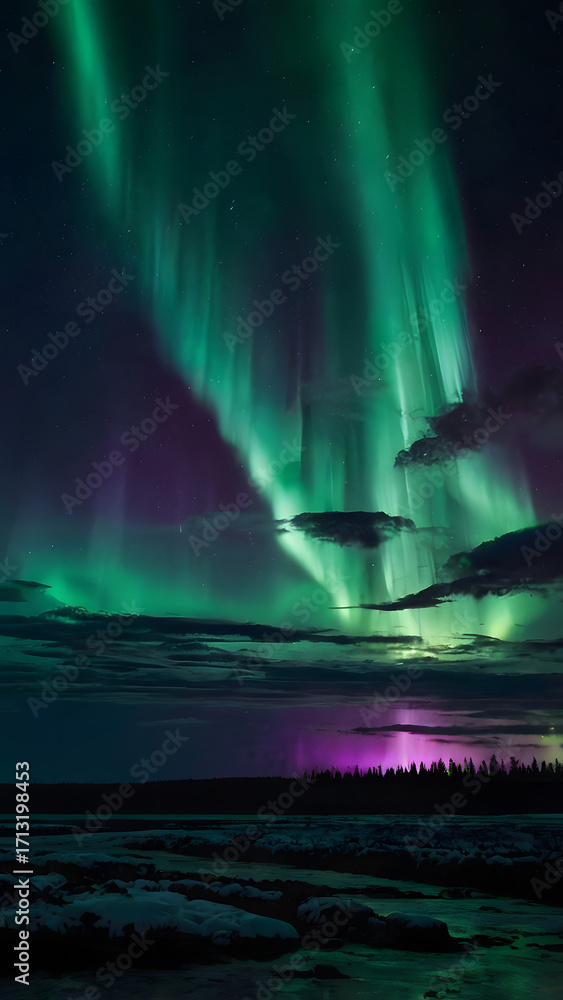 Naklejka premium Vibrant Aurora Borealis Dancing Across the Night Sky Over a Frozen Landscape
