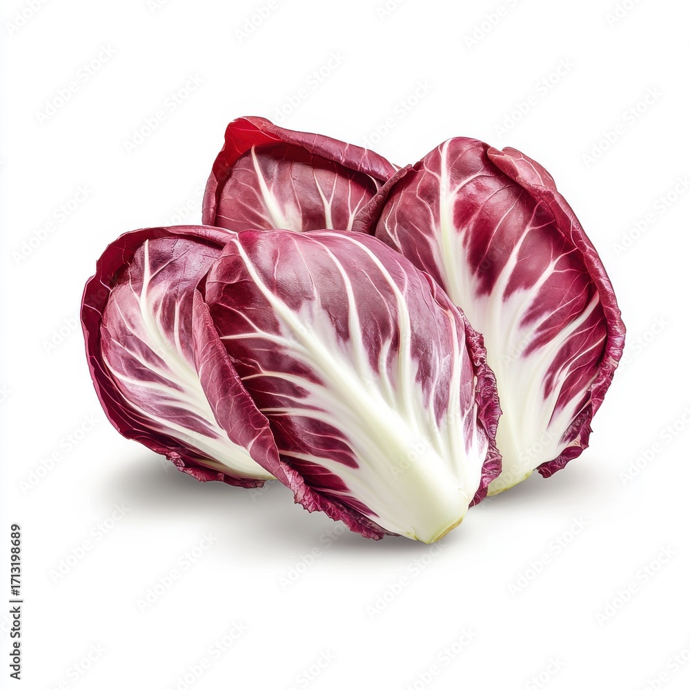 Obraz premium Fresh red radicchio lettuce heads, vibrant with deep red and white hues, perfect for salads.