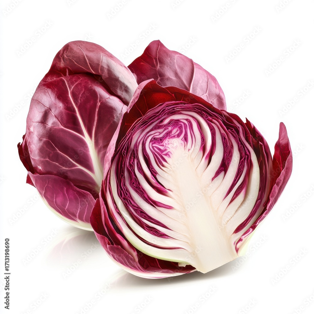 Fototapeta premium Fresh vibrant red cabbage halves showcasing layered leaves and a crisp texture.