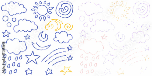 Collection of hand drawn weather icons including clouds sun moon stars and rain in blue purple and yellow colors