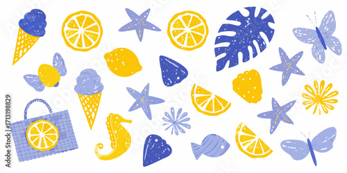 Whimsical summer pattern with ice cream lemons starfish seahorse butterflies and tropical leaves