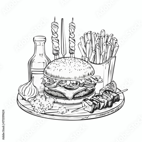 Grilled meat burger fries skewers steak