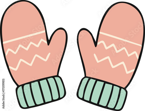 Pink winter mittens with knitted zigzag pattern