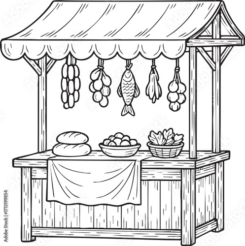 Rustic street market stall with canopy and food display