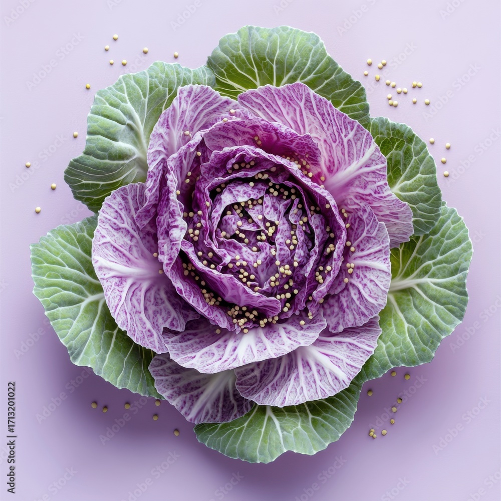 Fototapeta premium A close-up view of a beautifully arranged purple cabbage with intricate leaves and seeds, showcasing vibrant colors.