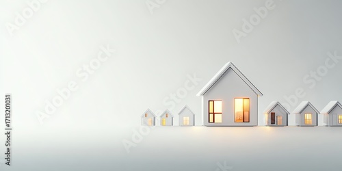 Miniature white houses with glowing lights on a minimalist background, symbolizing cozy home and real estate concepts.