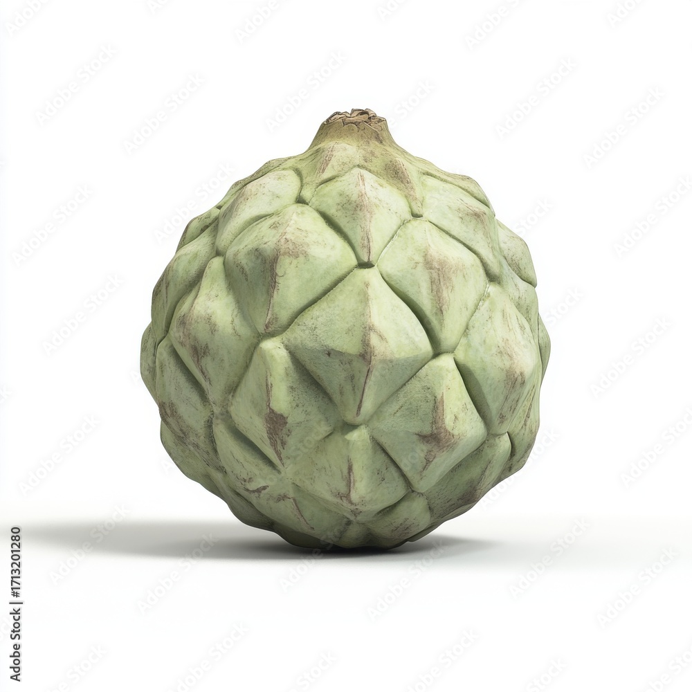 Fototapeta premium A vibrant, green cherimoya fruit displayed against a clean white background, highlighting its unique textured exterior.